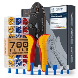 BAURIX® Crimpzange Kabelschuhe inkl. 700 Stück Set I für 0,50-6,00 mm² Kabelhülsen