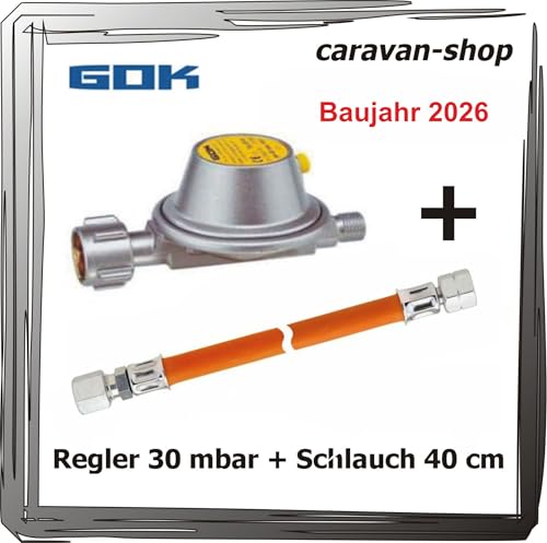 Druckregler 30 mbar + Schlauch 40 cm, RVS 8 Anschluss auf 8 mm Gasrohr
